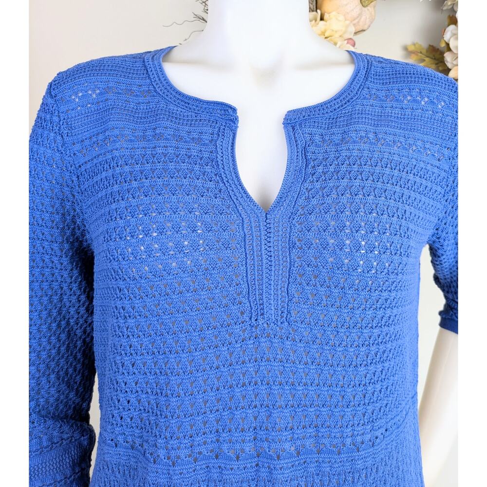 Talbots Tunic Sweater Large Blue Open Weave 3/4 Sleeve Split V-Neck Relaxed - Picture 3 of 9